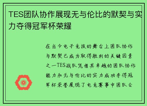 TES团队协作展现无与伦比的默契与实力夺得冠军杯荣耀