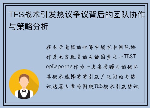 TES战术引发热议争议背后的团队协作与策略分析